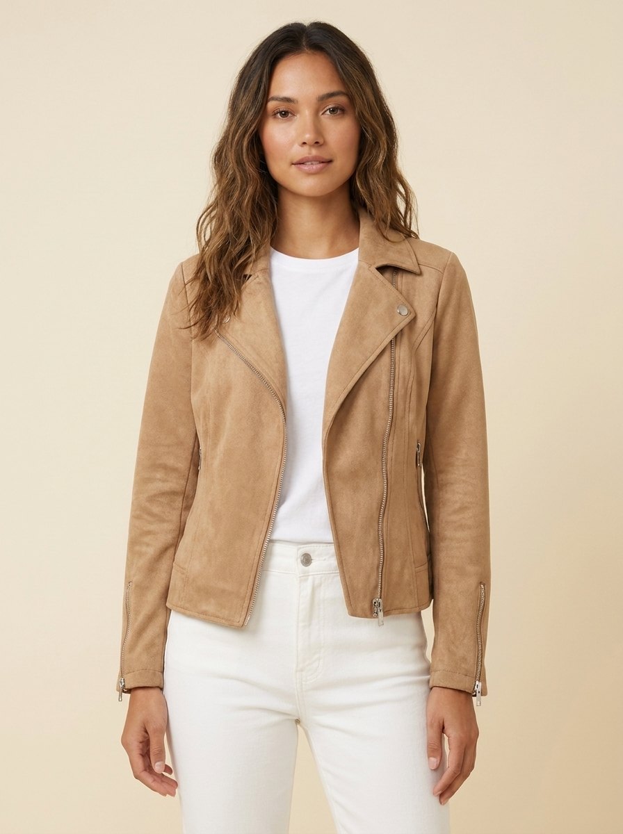 Faux Luxe moto jacket beige