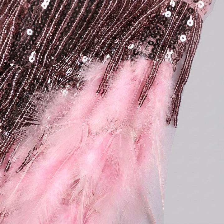 Felicity sequin feather fabric close up