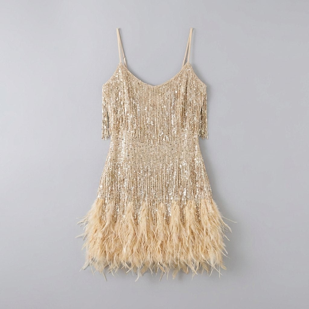 Felicity sequin feather party dress flat lay