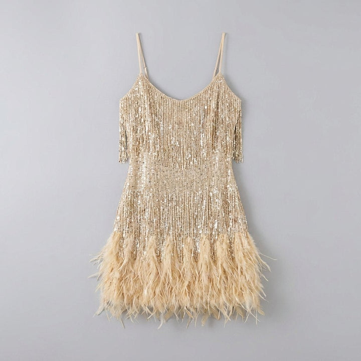 Felicity sequin feather party dress flat lay