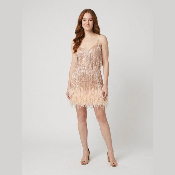 Felicity sequin feather party dress rose gold