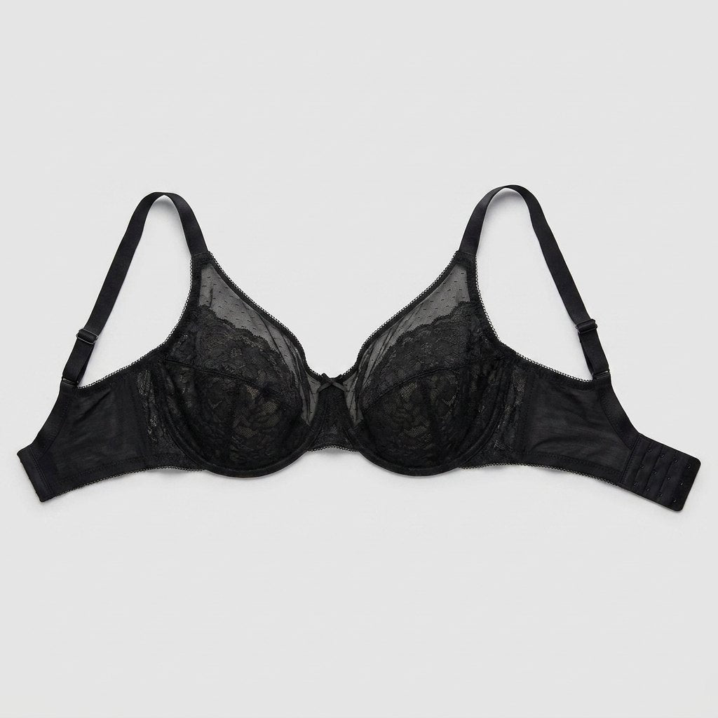 Black full-coverage lace minimizer bra flat-lay