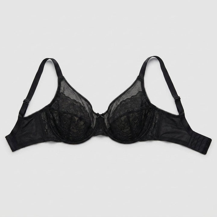 Black full-coverage lace minimizer bra flat-lay