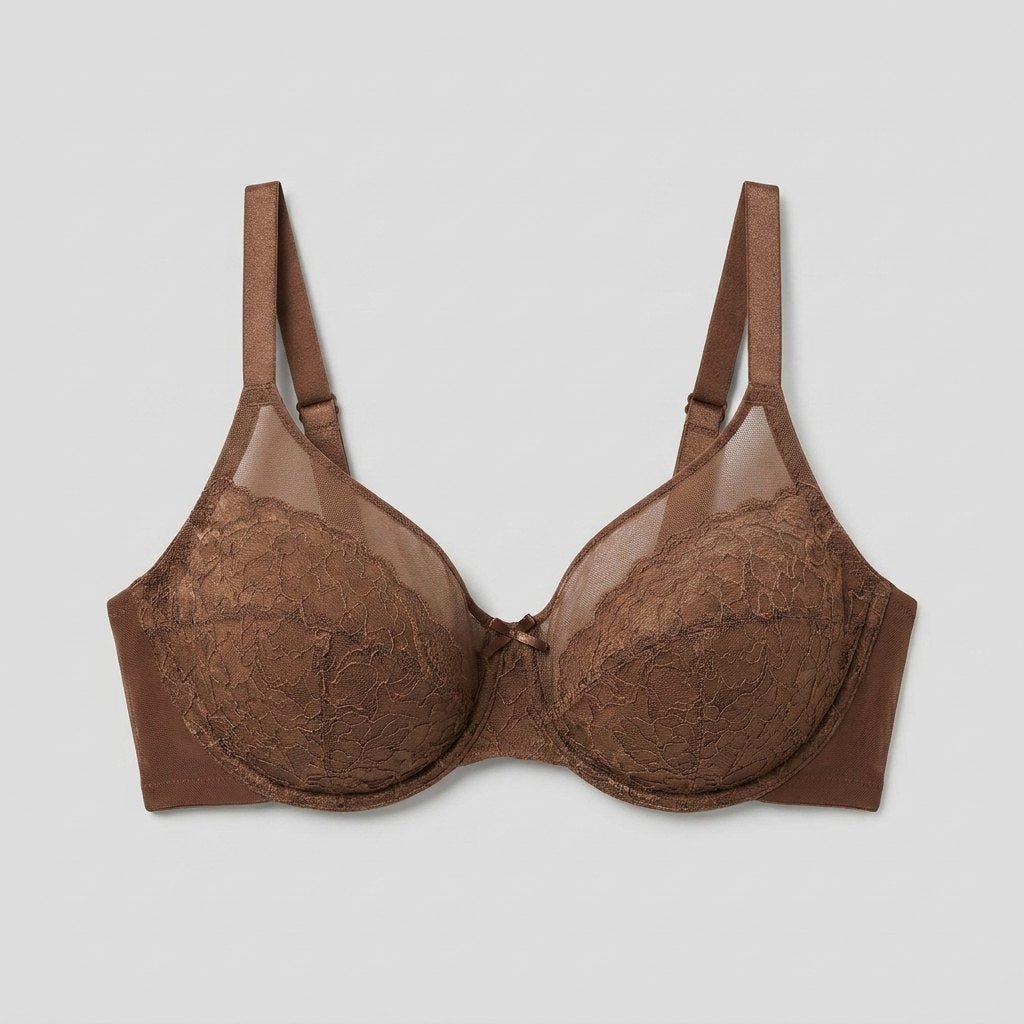 Coffee brown full-coverage lace minimizer bra flat-lay