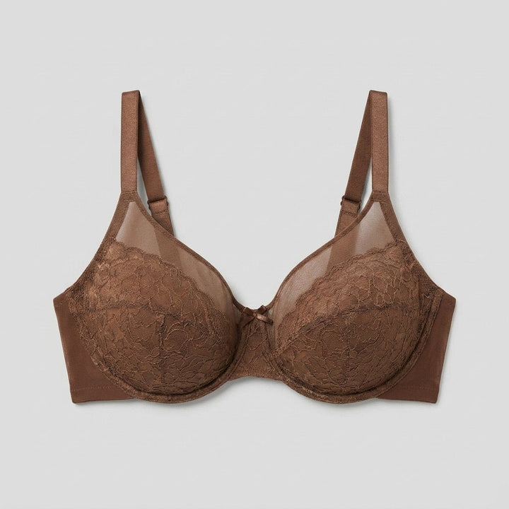Coffee brown full-coverage lace minimizer bra flat-lay