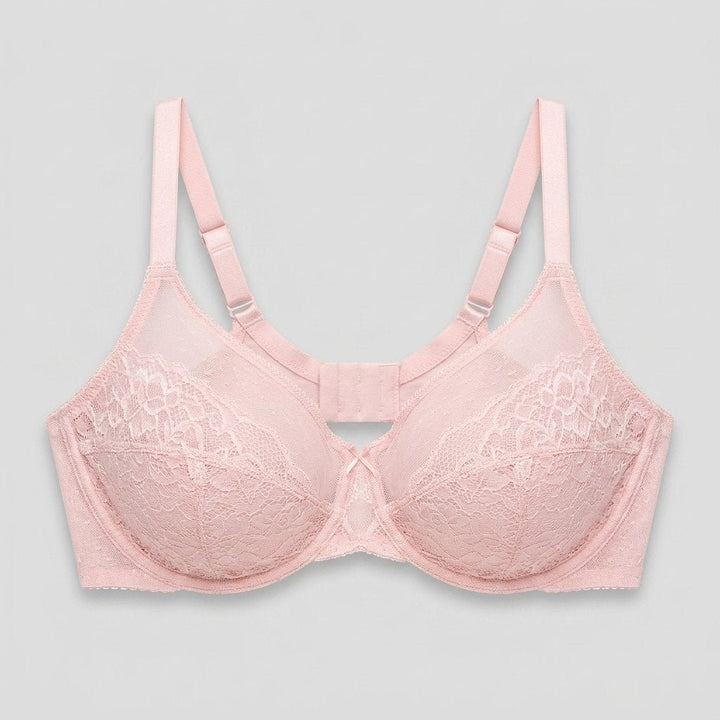 Light pink full-coverage lace minimizer bra flat-lay