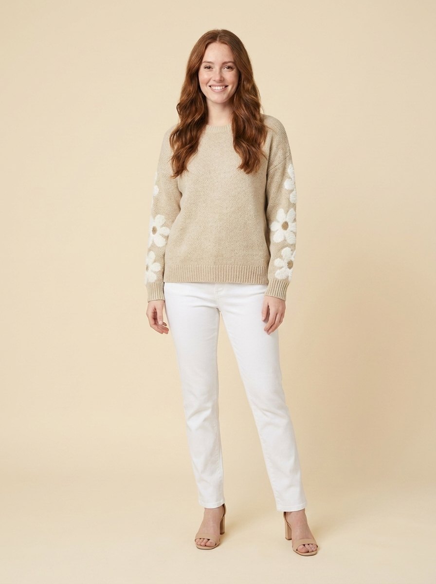 Fleur beige floral-sleeve knit sweater front on model