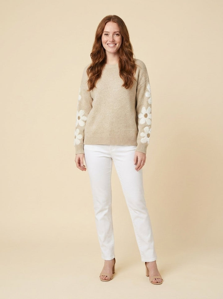 Fleur beige floral-sleeve knit sweater front on model