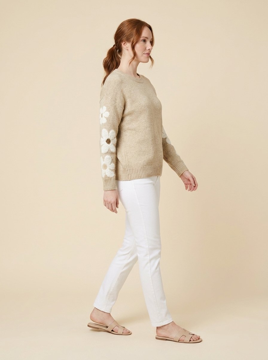 Fleur beige knit sweater side pose on model