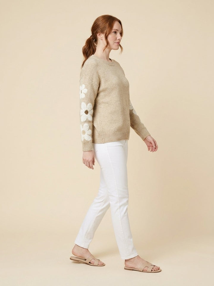 Fleur beige knit sweater side pose on model