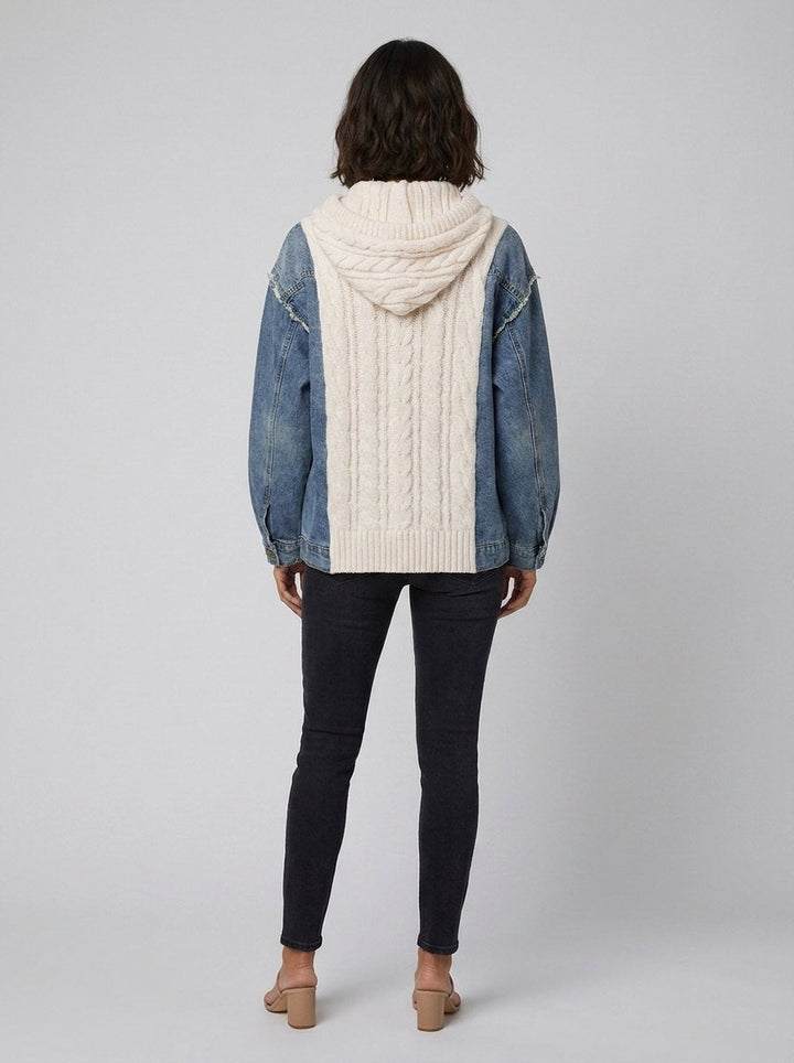 Floor cardigan back with knit hood on model