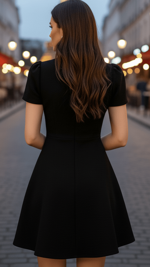 Genevieve black fit-and-flare dress, fourth view on model