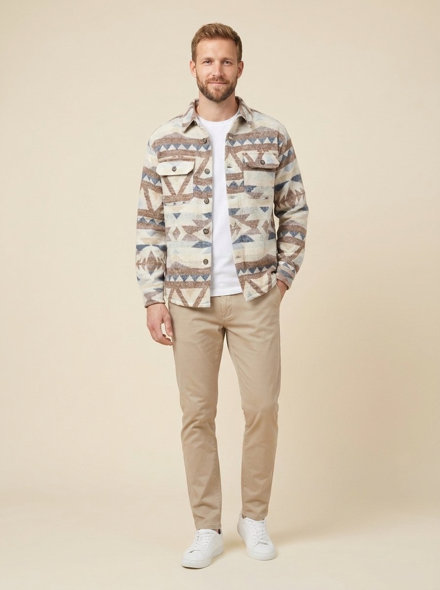 Gian Aztec wool-blend overshirt jacket front on male model