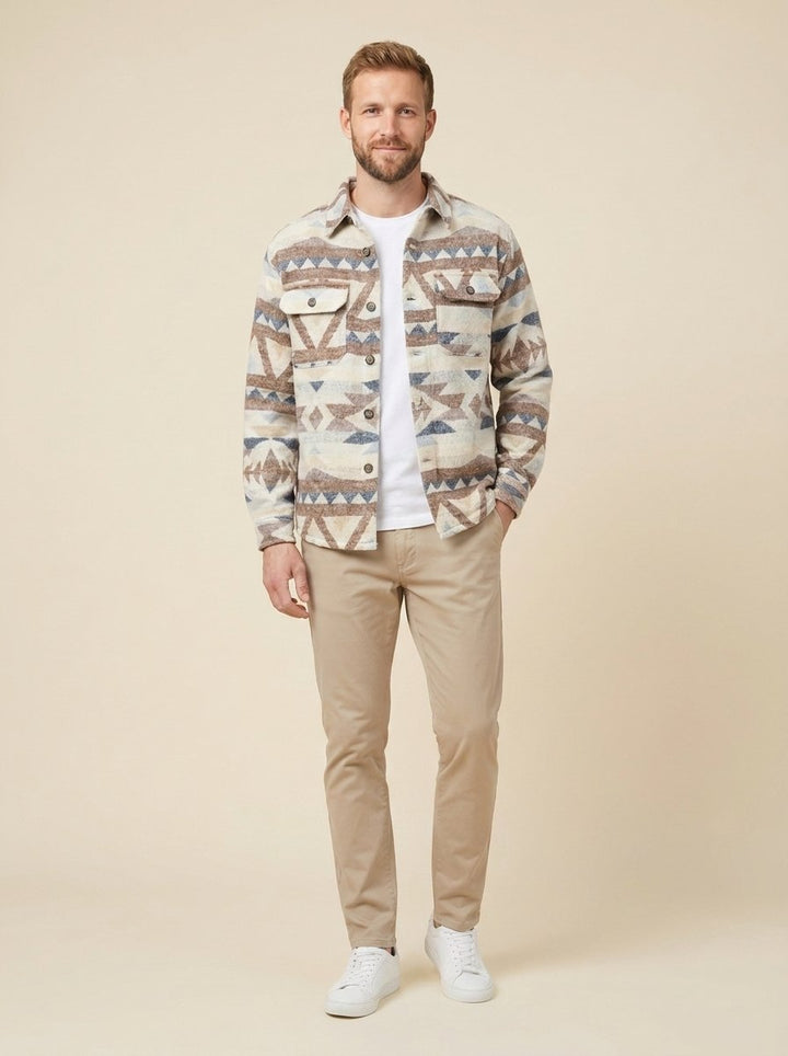 Gian Aztec wool-blend overshirt jacket front on male model