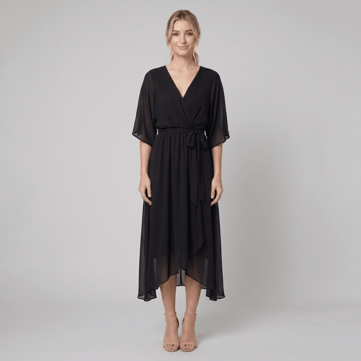 Ginevra black chiffon wrap midi dress