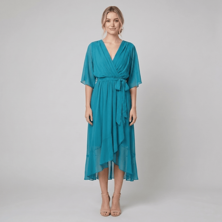 Ginevra cyan chiffon wrap midi dress