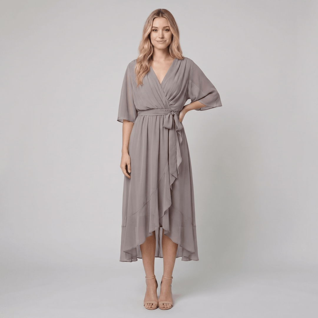 Ginevra gray chiffon wrap midi dress