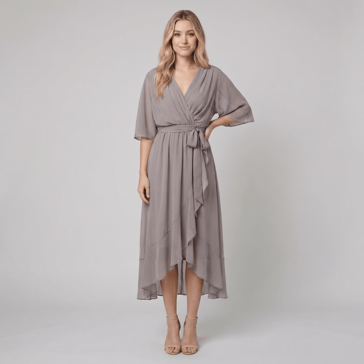 Ginevra gray chiffon wrap midi dress