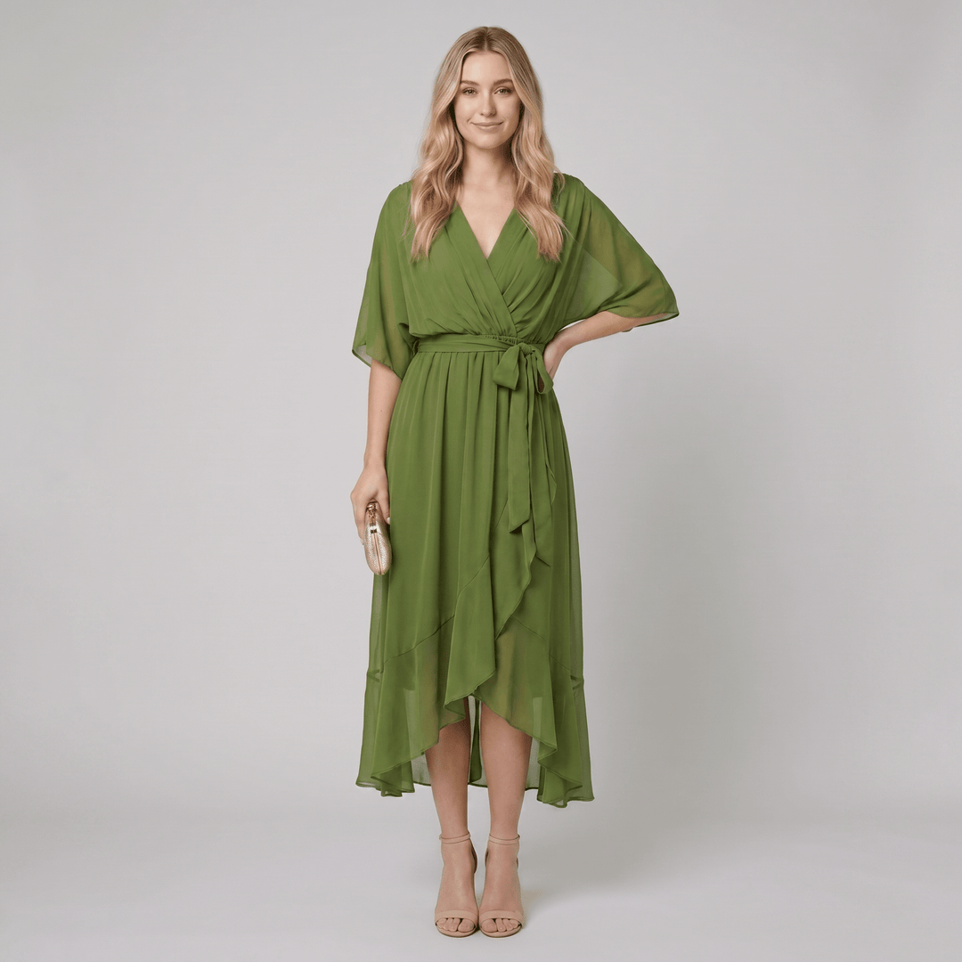 Ginevra green chiffon wrap midi dress