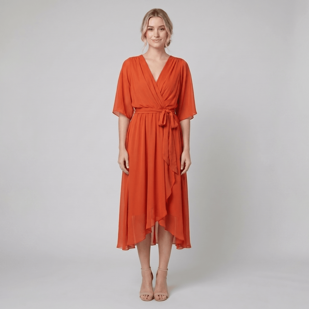 Ginevra orange chiffon wrap midi dress