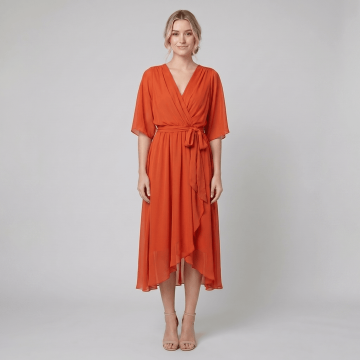 Ginevra orange chiffon wrap midi dress