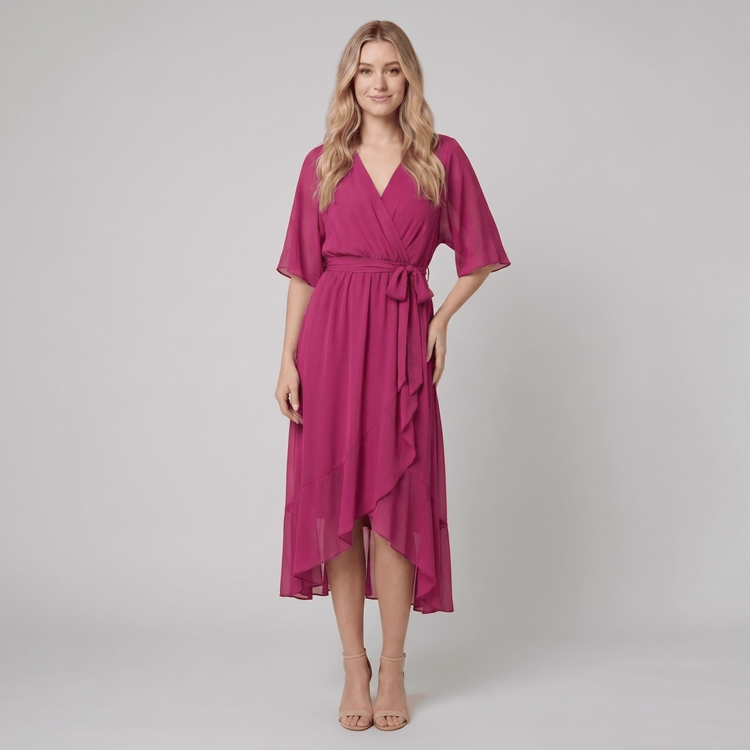 Ginevra pink chiffon wrap midi dress