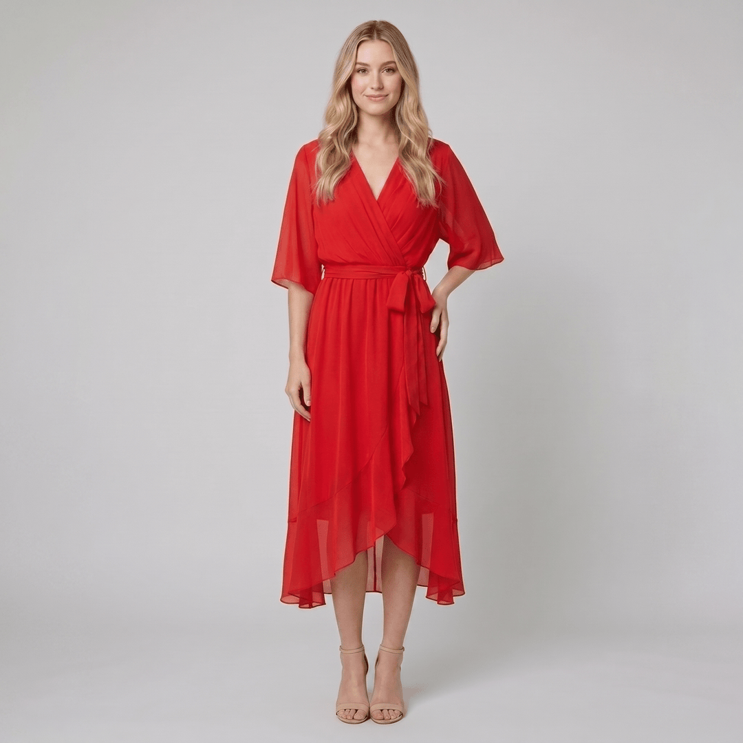 Ginevra red chiffon wrap midi dress