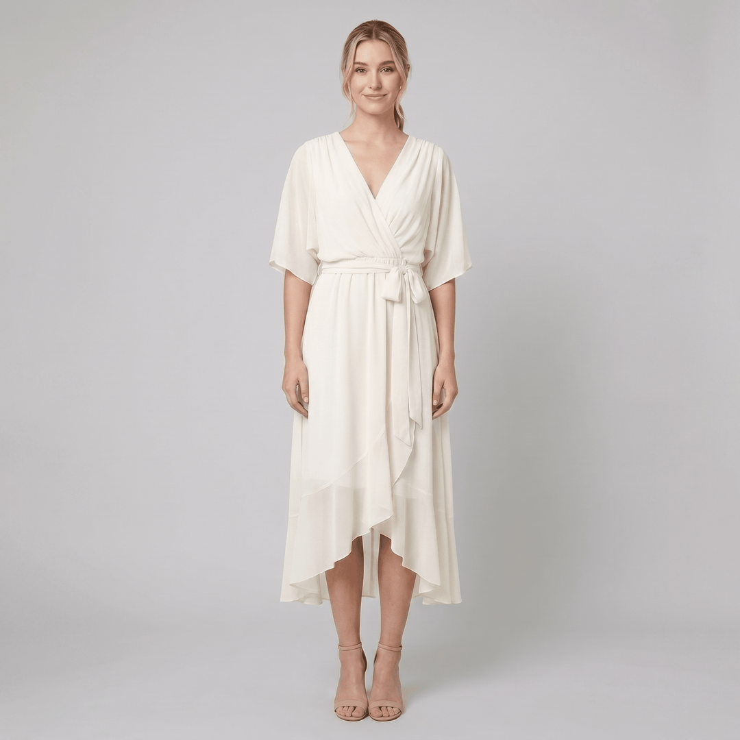 Ginevra white chiffon wrap midi dress