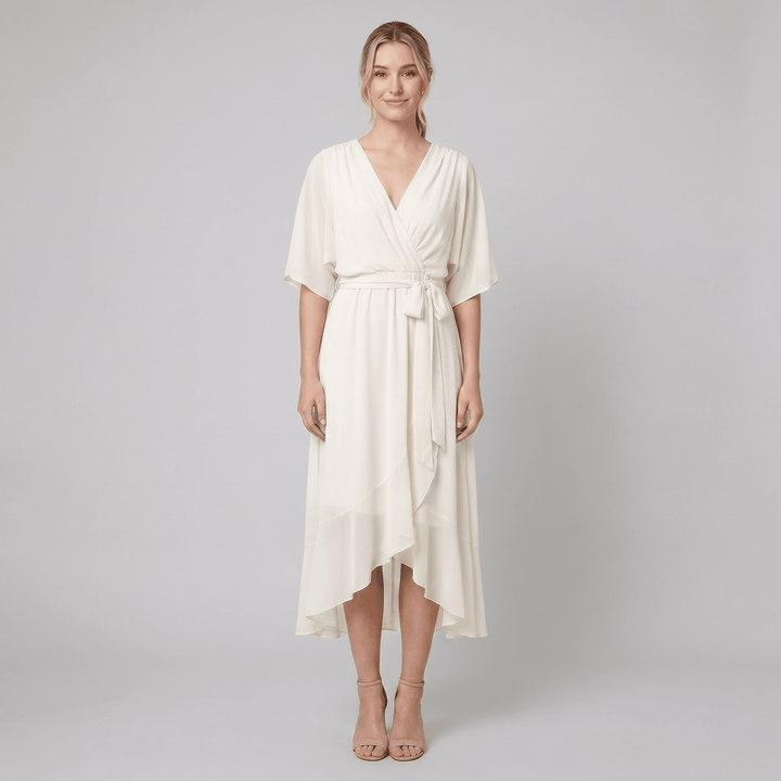 Ginevra white chiffon wrap midi dress