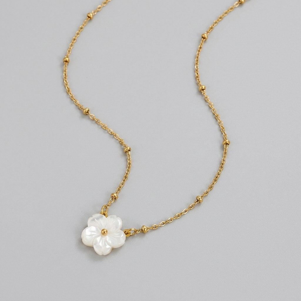 White blossom flower pendant gold necklace