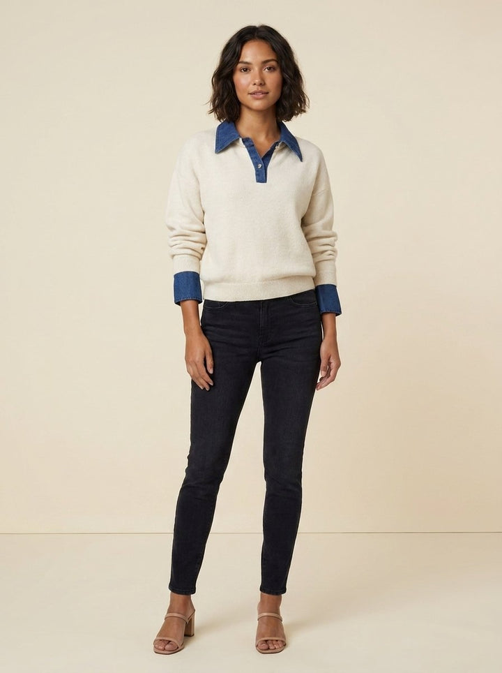 Hanna beige knit sweater with denim collar on model