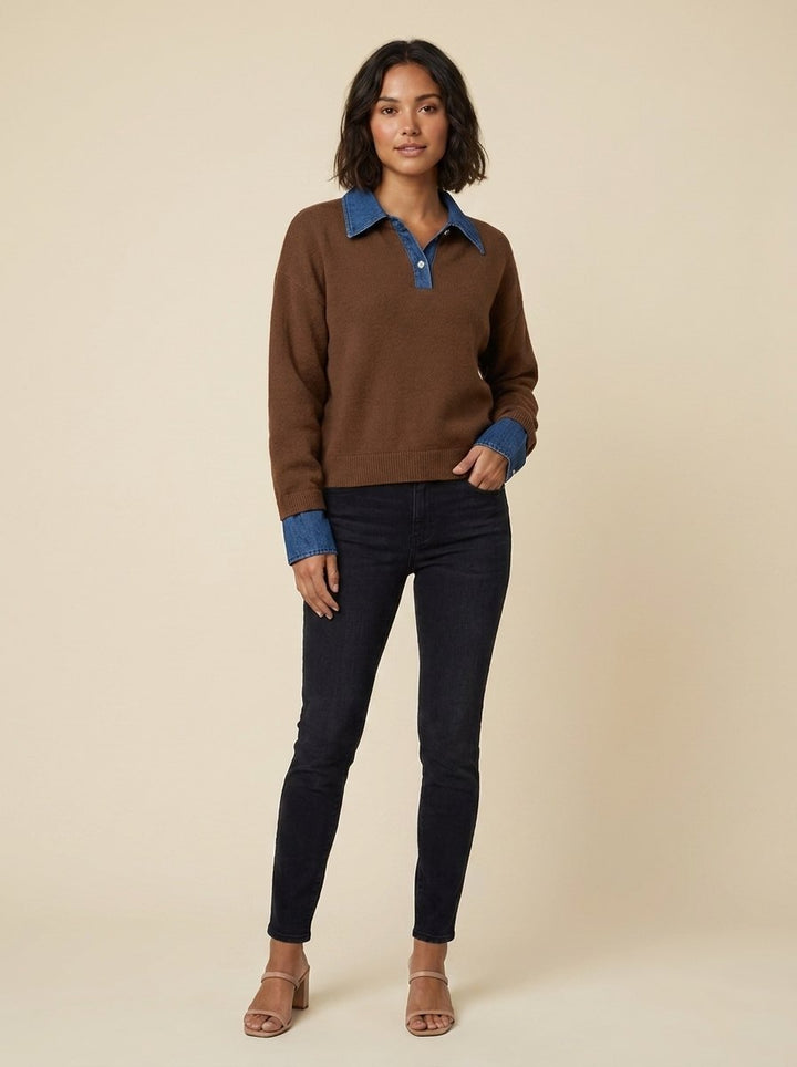 Hanna brown knit sweater with denim collar on model