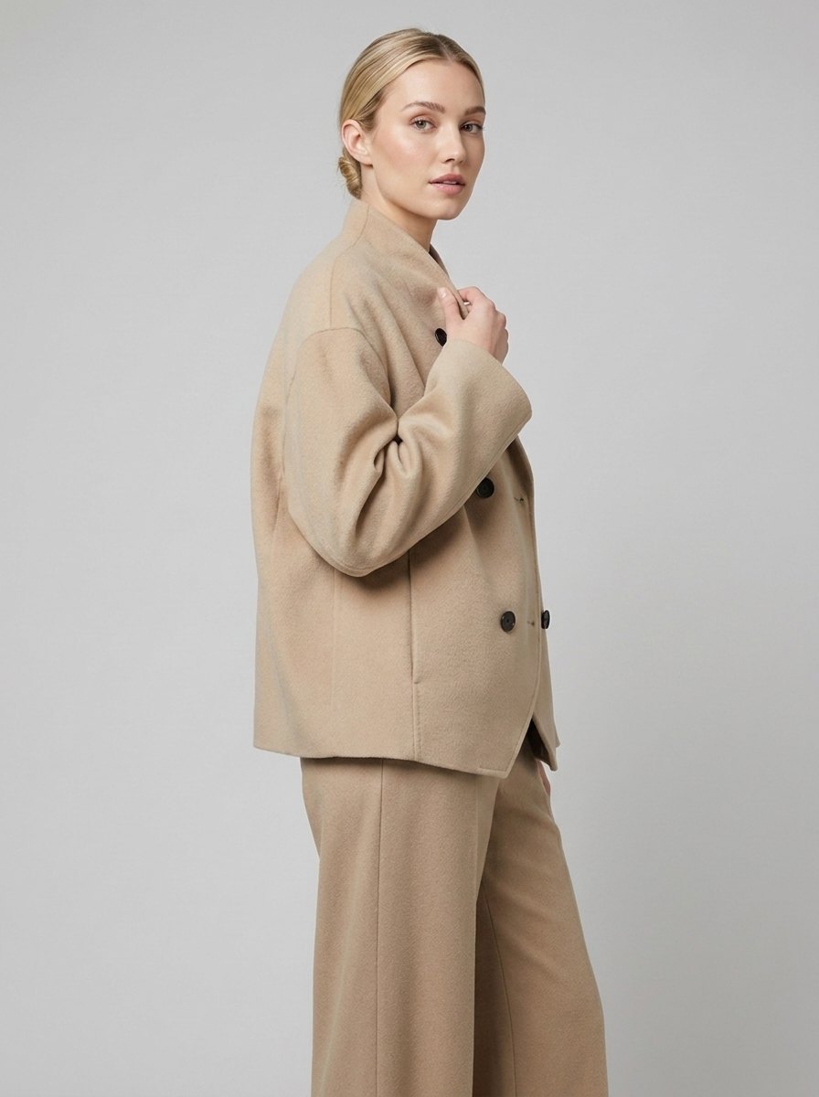 Hannah oversized double-breasted jacket khaki beige on model
