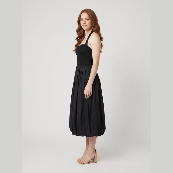 Haven black bubble-hem midi dress side