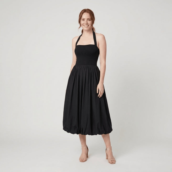 Haven textured knit bubble-hem dress black front