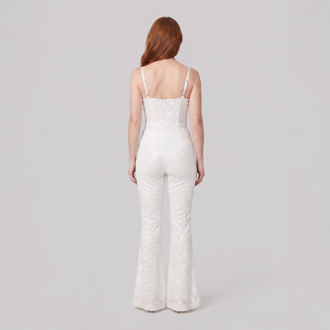 Haven Elegant Jumpsuit white velvet sequin back view on model