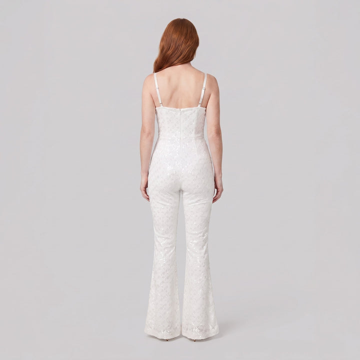 Haven Elegant Jumpsuit white velvet sequin back view on model