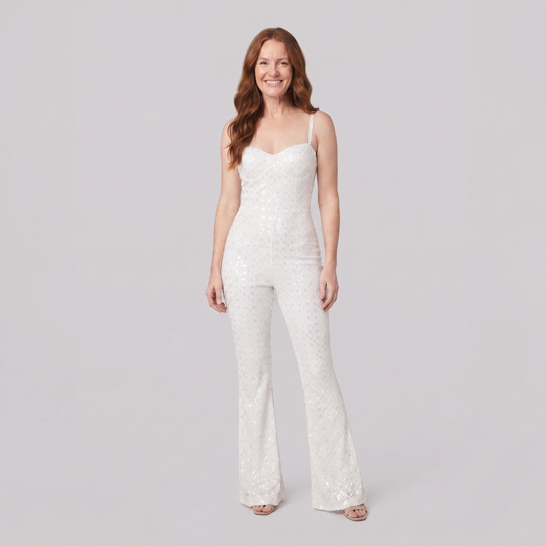 Haven Elegant Jumpsuit white velvet sequin front view on model