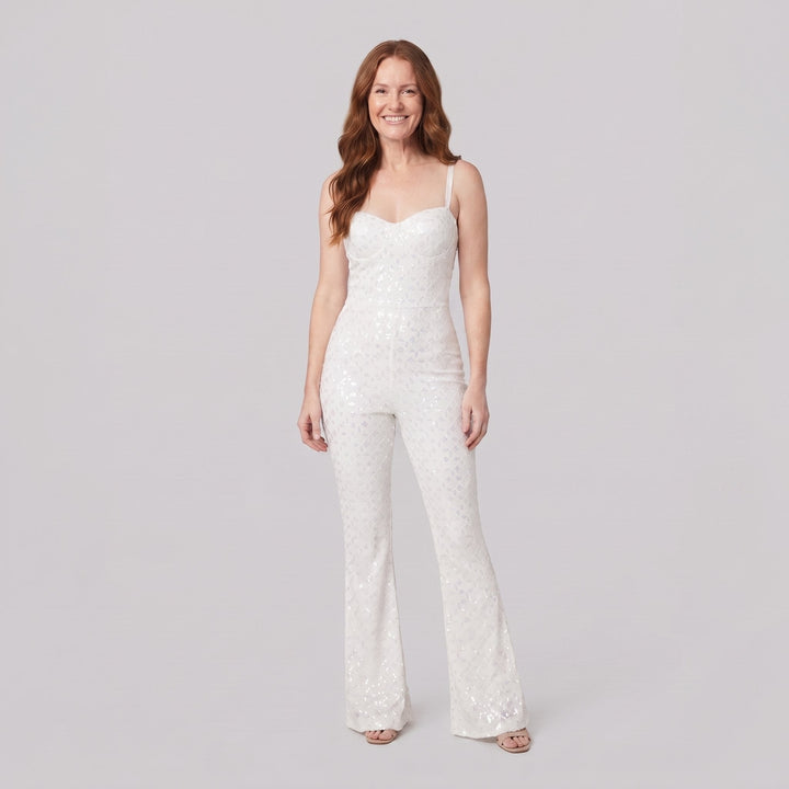 Haven Elegant Jumpsuit white velvet sequin front view on model