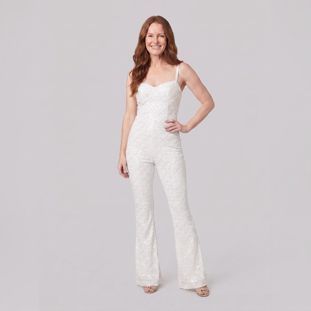 Haven Elegant Jumpsuit white velvet sequin front pose on model