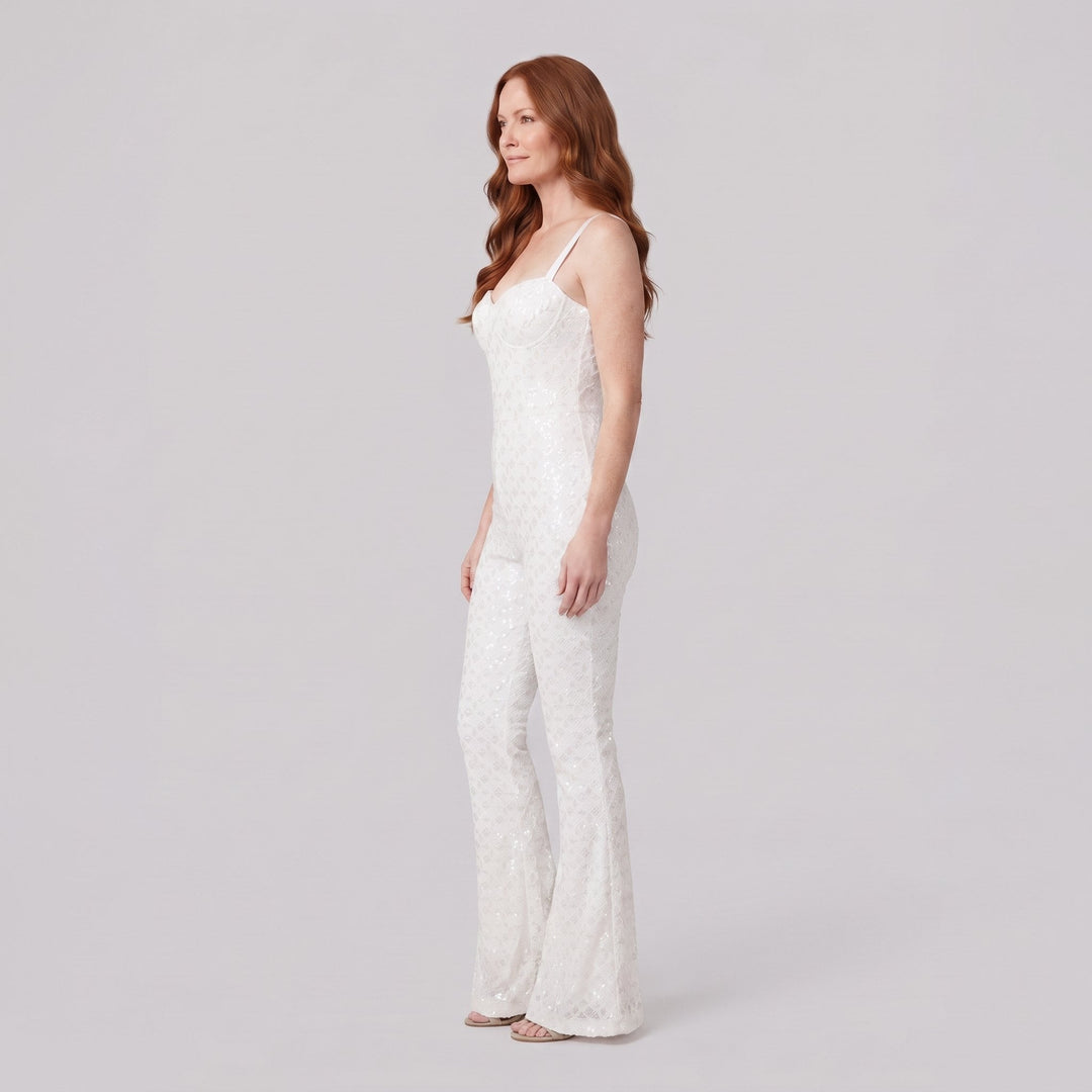 Haven Elegant Jumpsuit white velvet sequin side view on model