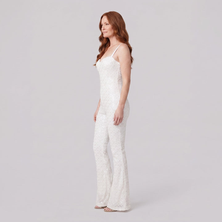 Haven Elegant Jumpsuit white velvet sequin side view on model