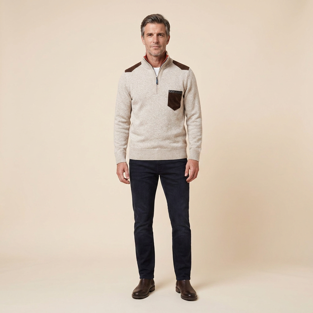 Haven men's quarter-zip sweater in beige, front view on model