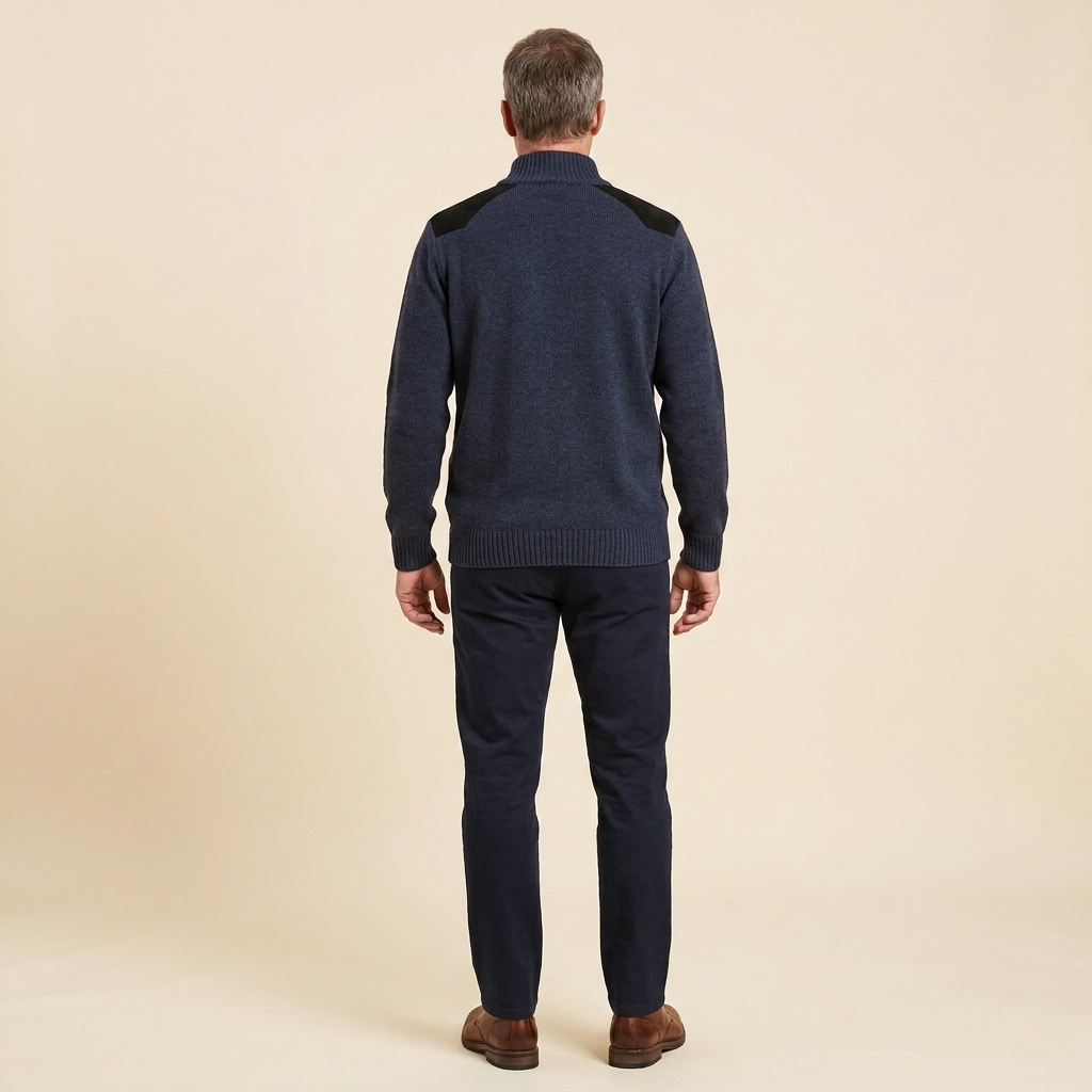 Haven men's quarter-zip sweater in blue, back view on model