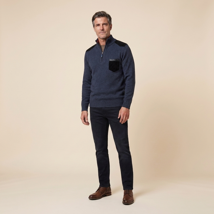 Haven men's quarter-zip sweater in blue, styled pose on model