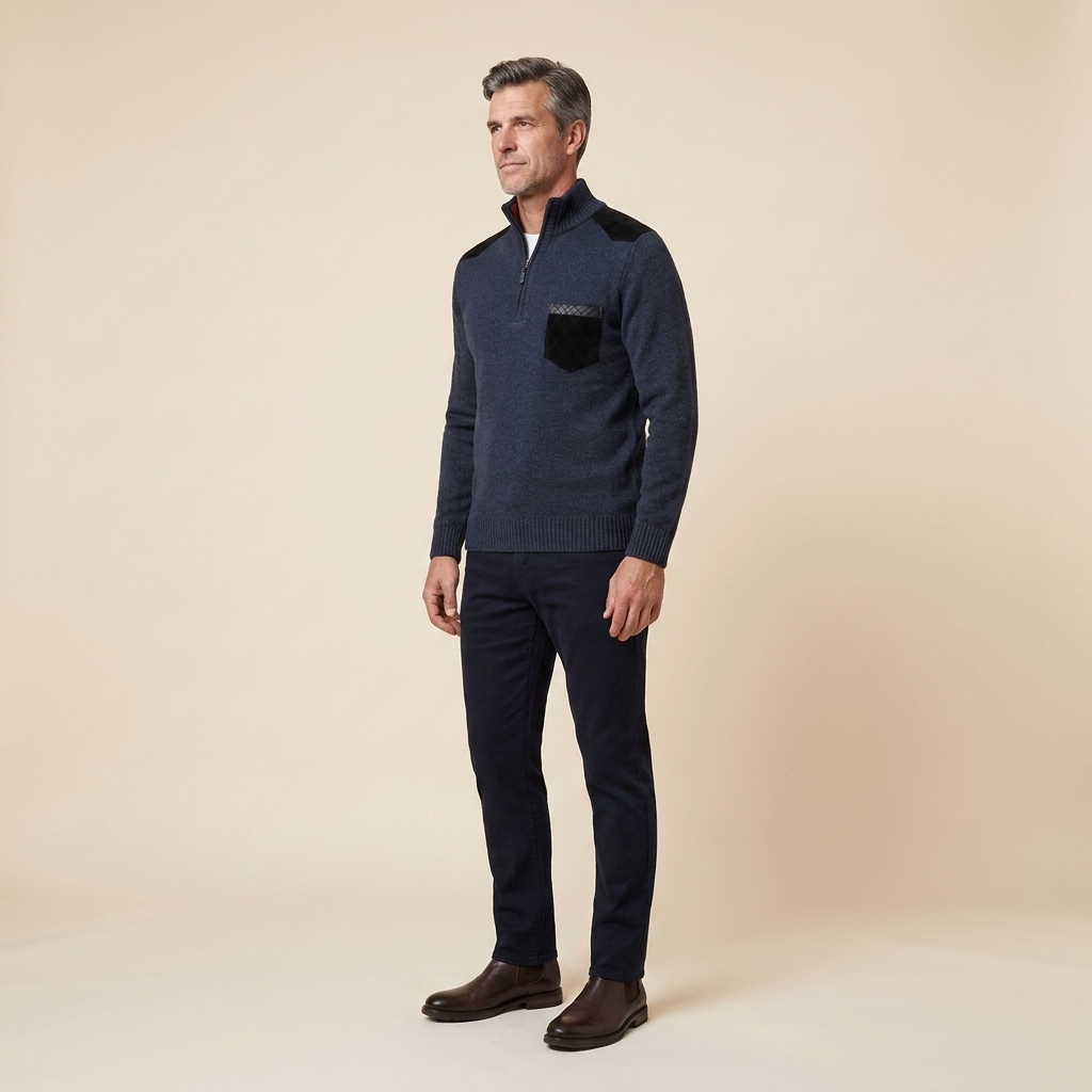 Haven men's quarter-zip sweater in blue, side view on model