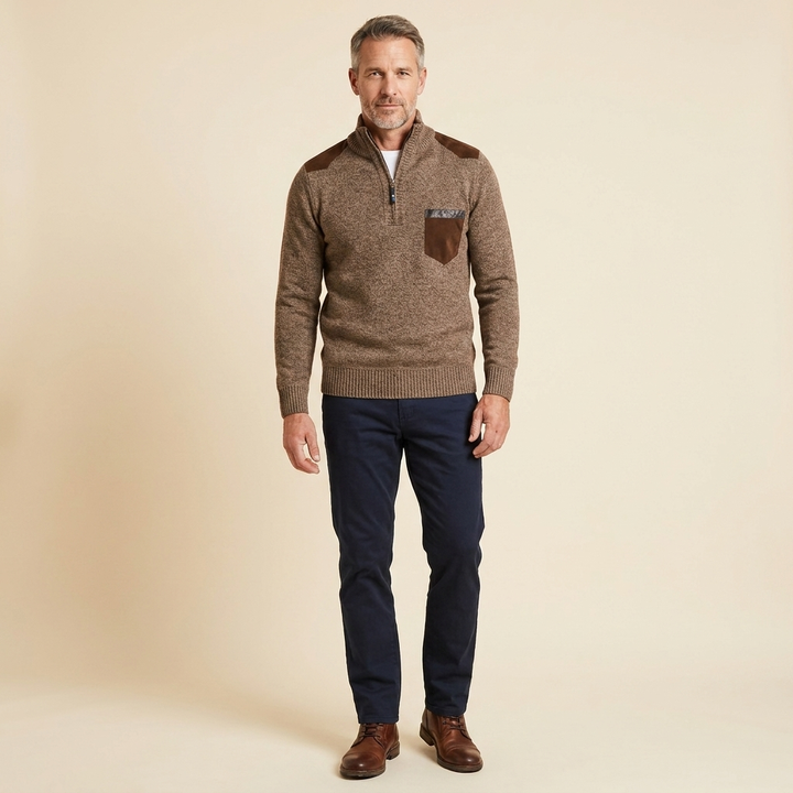 Haven men's quarter-zip sweater in brown, front view on model