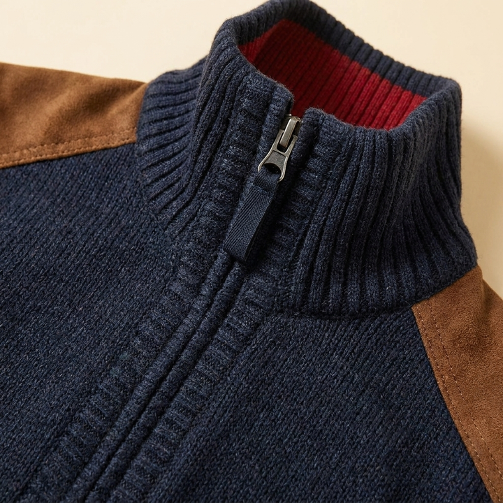Haven men's sweater, quarter zip and stand-up collar detail