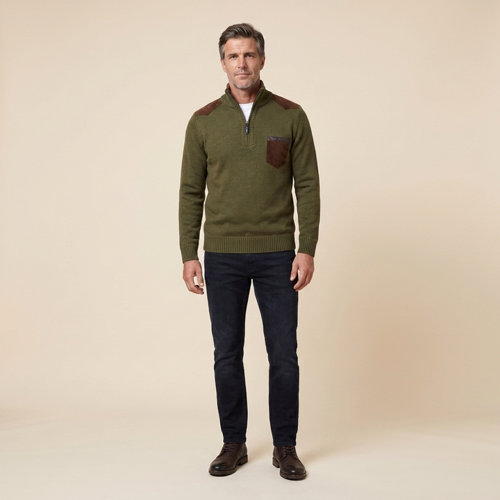Haven men's quarter-zip sweater in green, front view on model
