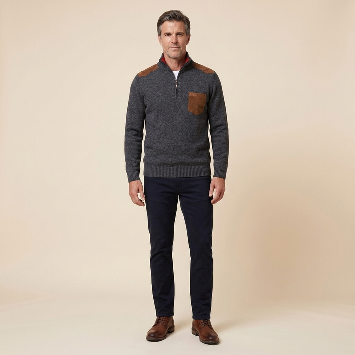 Haven men's quarter-zip sweater in grey, front view on model